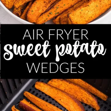 Crispy Air Fryer sweet potato wedges on a plate garnished with herbs