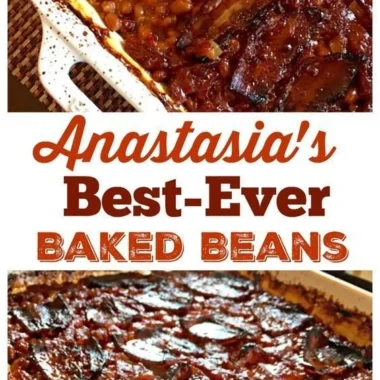 Bowl of Anastasia's best-ever baked beans served hot and garnished.