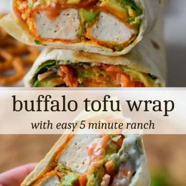 Buffalo Tofu Wrap with fresh vegetables and spicy sauce.