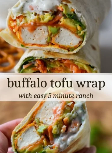 Buffalo Tofu Wrap with fresh vegetables and spicy sauce.