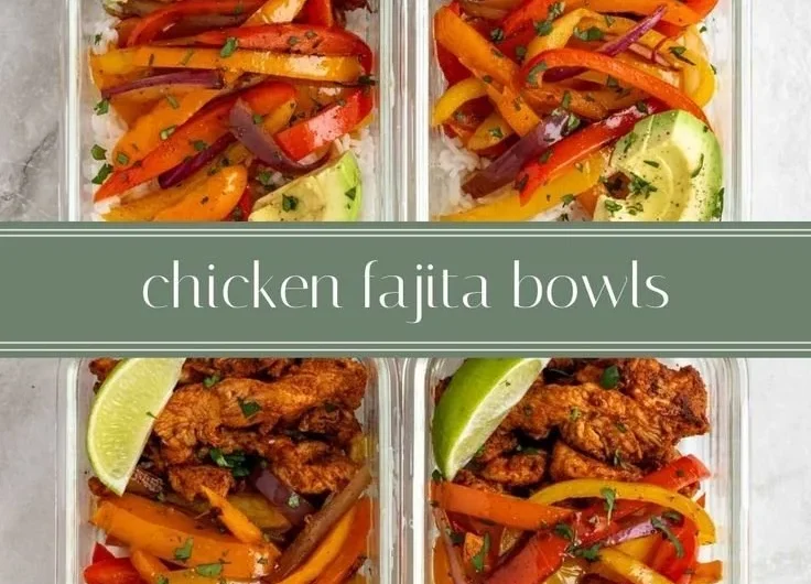 Healthy chicken fajita meal prep bowls with colorful veggies and seasonings