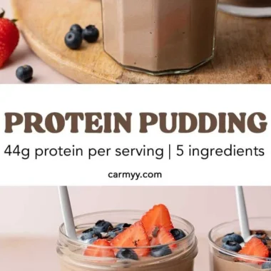 Delicious chocolate protein pudding in a bowl with a sprinkle of cocoa on top