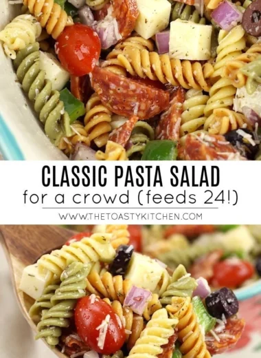Bowl of classic pasta salad with vegetables and dressing