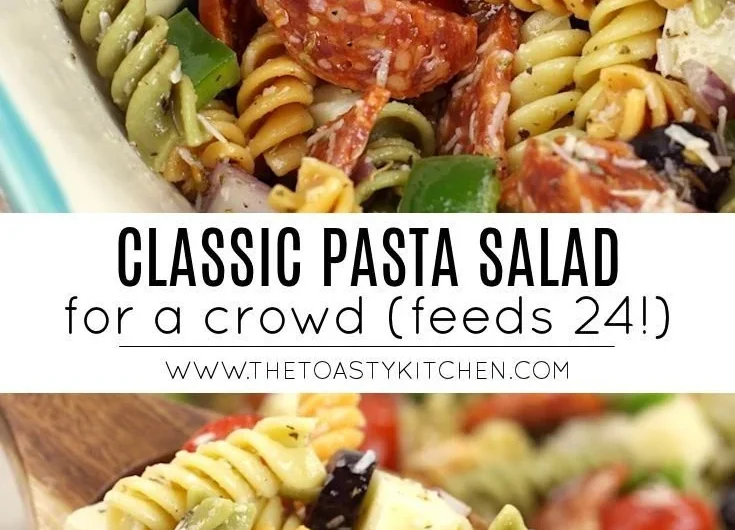 Bowl of classic pasta salad with vegetables and dressing