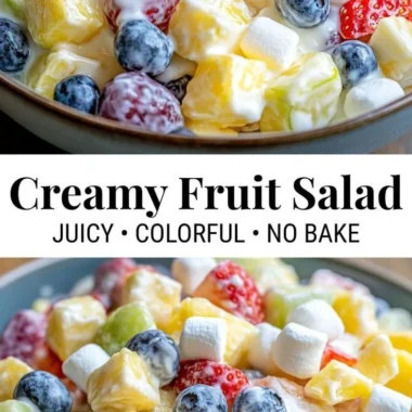 Creamy fruit salad with fresh assorted fruits in a bowl