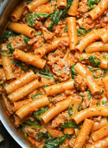 Creamy sausage rigatoni dish with spinach served in a bowl
