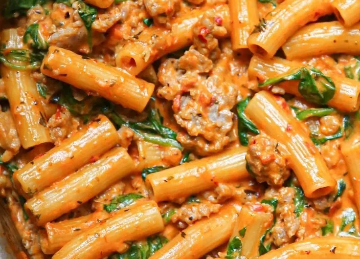 Creamy sausage rigatoni dish with spinach served in a bowl
