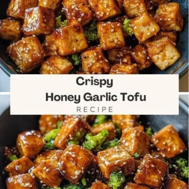 Crispy Honey Garlic Tofu dish garnished with green onions and sesame seeds.