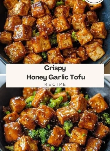 Crispy Honey Garlic Tofu dish garnished with green onions and sesame seeds.