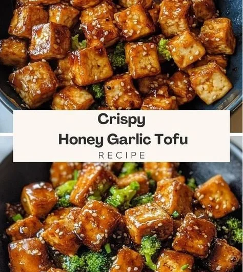 Crispy Honey Garlic Tofu dish garnished with green onions and sesame seeds.
