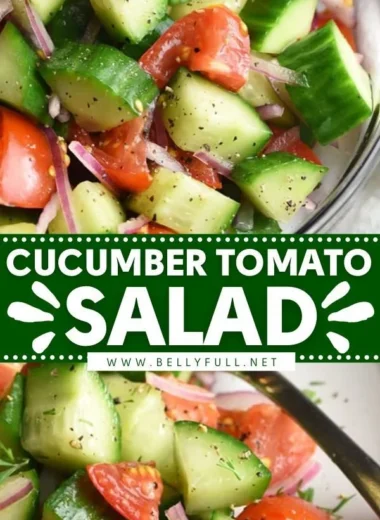 A vibrant Cucumber Tomato Salad with fresh ingredients served in a bowl.