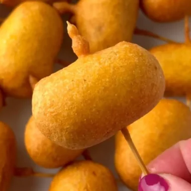 Plate of homemade mini corndogs with dipping sauce