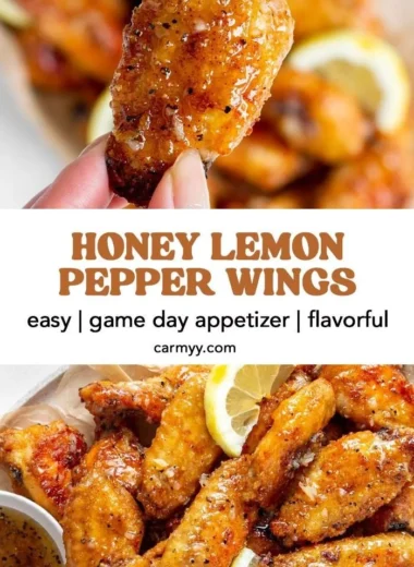 Plate of tasty Honey Lemon Pepper Wings garnished with herbs