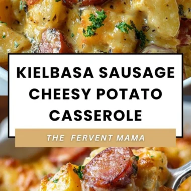 Kielbasa sausage cheesy potato casserole baked in a casserole dish