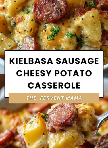 Kielbasa sausage cheesy potato casserole baked in a casserole dish