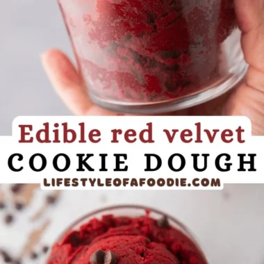 Delicious red velvet edible cookie dough in a bowl