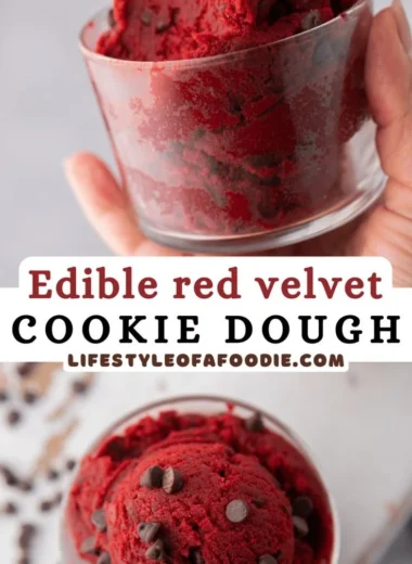 Delicious red velvet edible cookie dough in a bowl