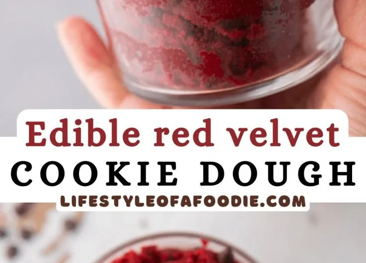 Delicious red velvet edible cookie dough in a bowl