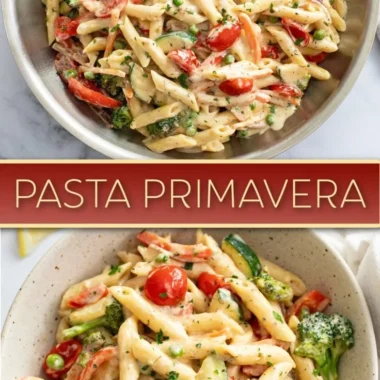 Delicious spring pasta with seasonal vegetables on a plate.
