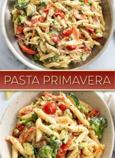 Delicious spring pasta with seasonal vegetables on a plate.