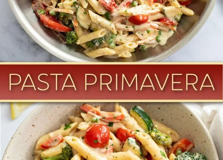 Delicious spring pasta with seasonal vegetables on a plate.