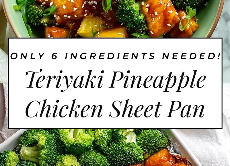 Sweet sheet pan pineapple chicken served with broccoli on a platter