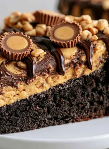 Delicious 1-bowl Peanut Butter Cup Dump Cake with chocolate and peanut butter