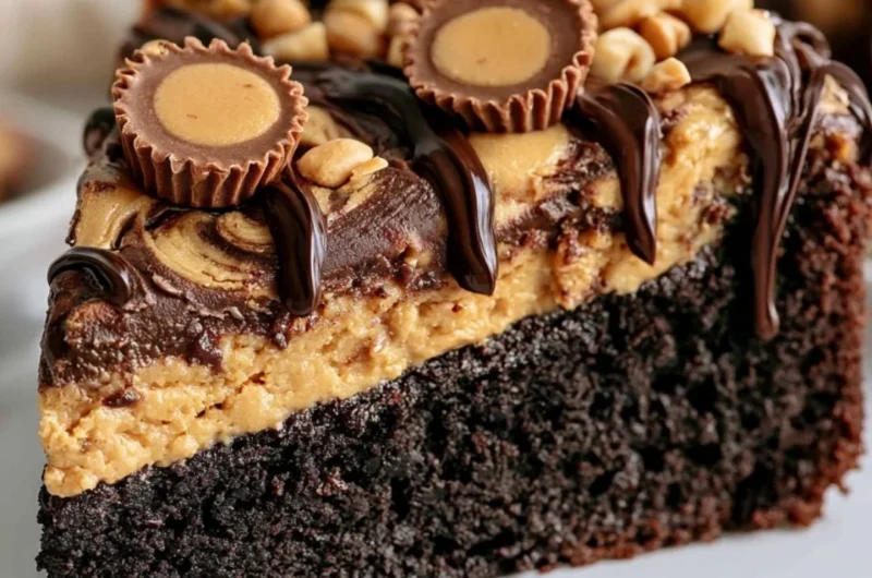 Delicious 1-bowl Peanut Butter Cup Dump Cake with chocolate and peanut butter