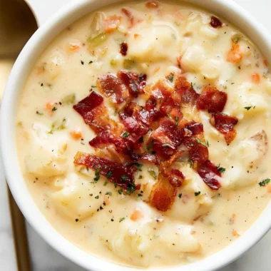 Bowl of homemade Bacon Potato Soup garnished with crispy bacon and herbs
