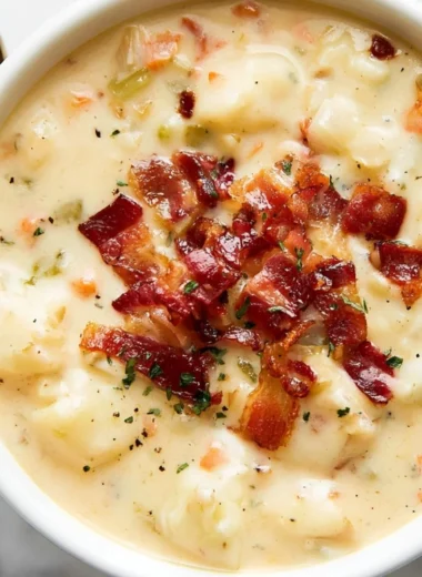 Bowl of homemade Bacon Potato Soup garnished with crispy bacon and herbs