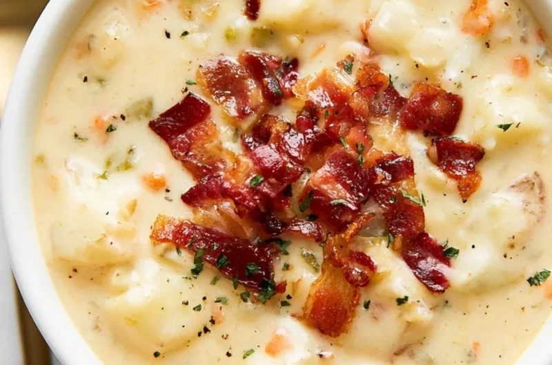 Bowl of homemade Bacon Potato Soup garnished with crispy bacon and herbs