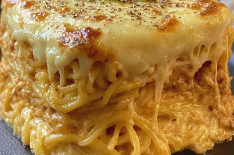 Baked cream cheese spaghetti casserole topped with cheese and herbs