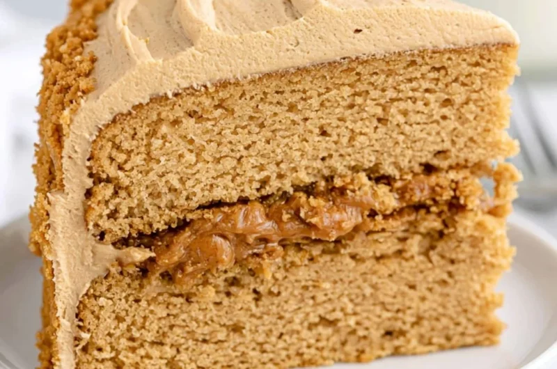 Delicious Biscoff Cake topped with creamy frosting and caramel drizzle.