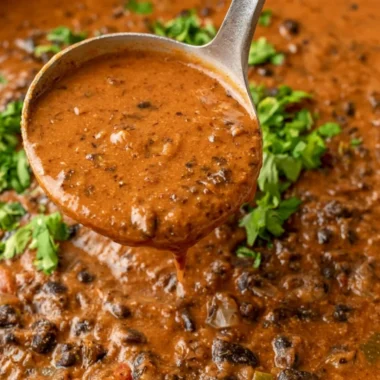 Delicious black bean soup served in a bowl with garnishes.