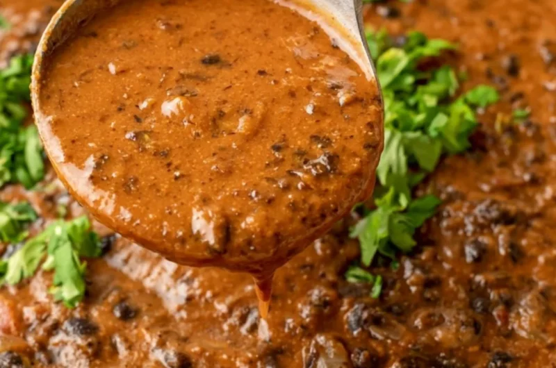 Delicious black bean soup served in a bowl with garnishes.