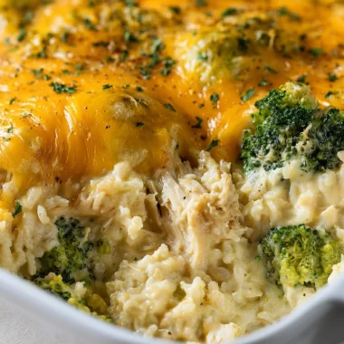 Cheesy broccoli chicken and rice casserole in a baking dish