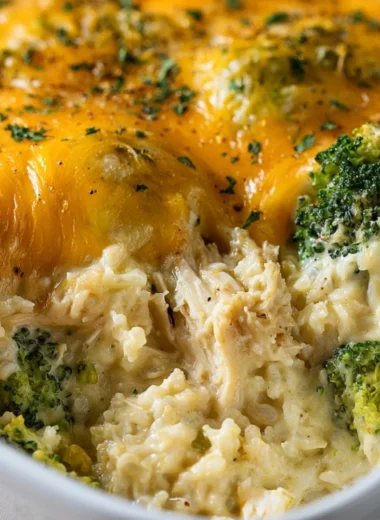 Cheesy broccoli chicken and rice casserole in a baking dish