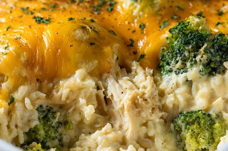 Cheesy broccoli chicken and rice casserole in a baking dish