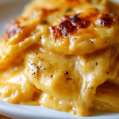 Cheesy scalloped potatoes baked to perfection in creamy sauce.