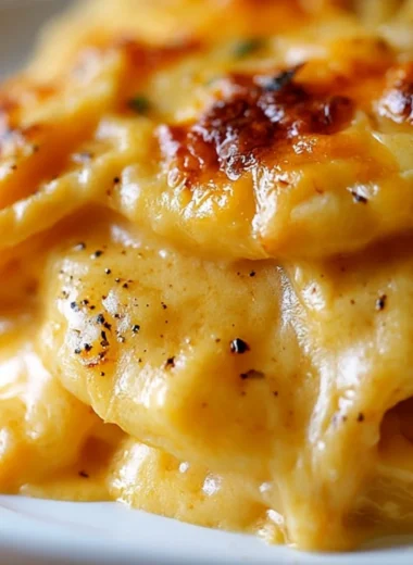 Cheesy scalloped potatoes baked to perfection in creamy sauce.