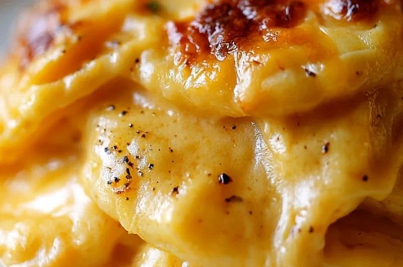 Cheesy scalloped potatoes baked to perfection in creamy sauce.