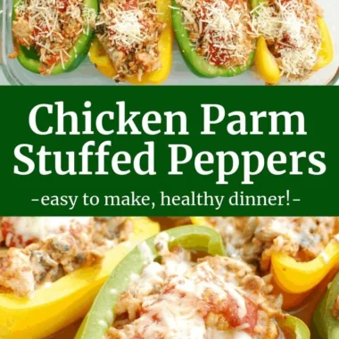 Chicken Parm Stuffed Peppers filled with cheese, chicken, and marinara sauce
