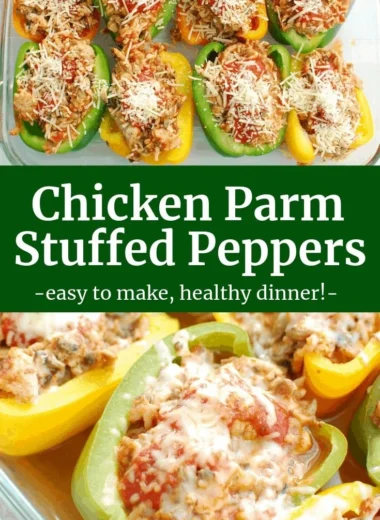 Chicken Parm Stuffed Peppers filled with cheese, chicken, and marinara sauce