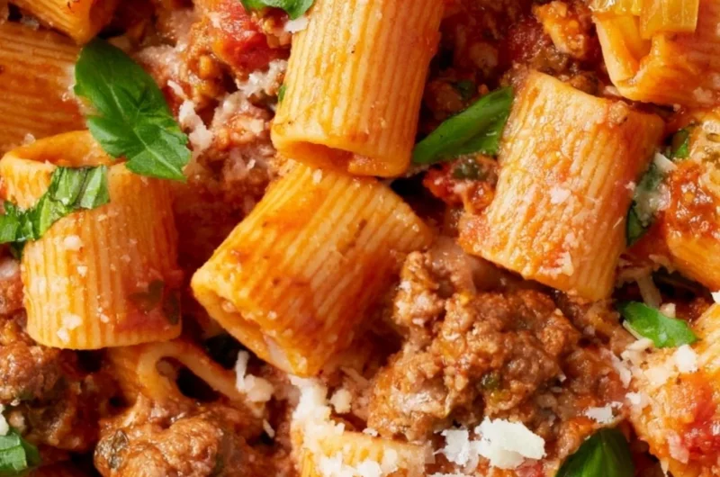 A bowl of classic Bolognese sauce served with spaghetti.