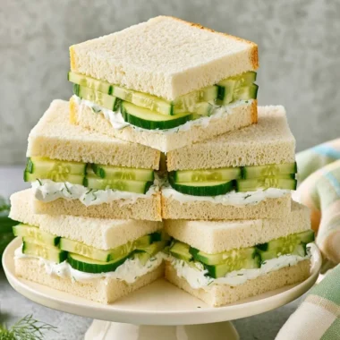 Classic cucumber sandwiches with fresh ingredients served on a wooden platter