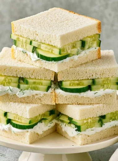 Classic cucumber sandwiches with fresh ingredients served on a wooden platter