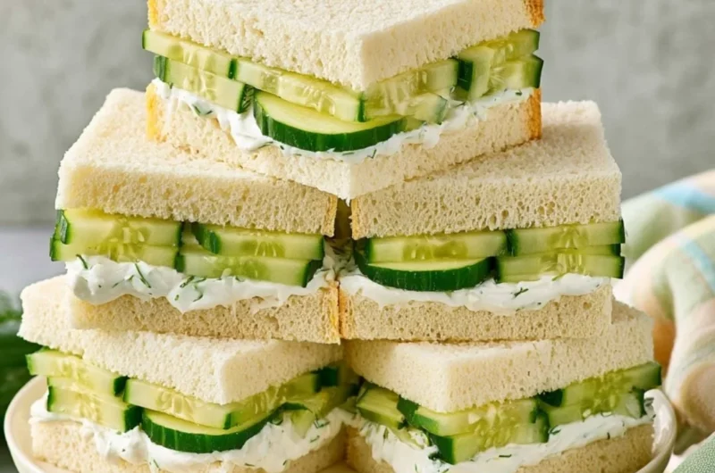 Classic cucumber sandwiches with fresh ingredients served on a wooden platter