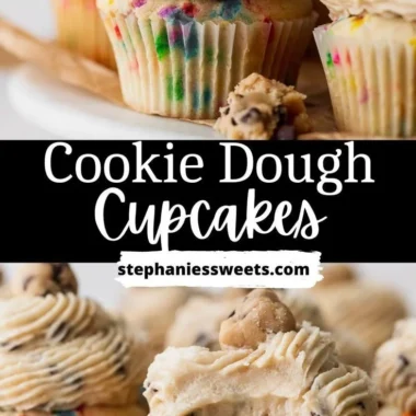 Delicious cookie dough cupcakes topped with cookie dough frosting and chocolate chips.
