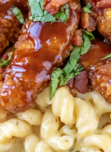 A delicious serving of Honey Pepper Mac and Cheese topped with spices and peppers.