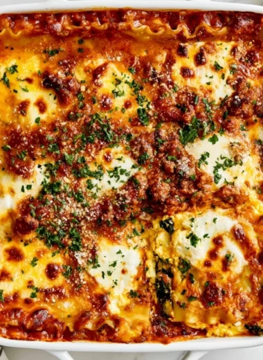 Baked Cottage Cheese Lasagna topped with mozzarella and fresh herbs